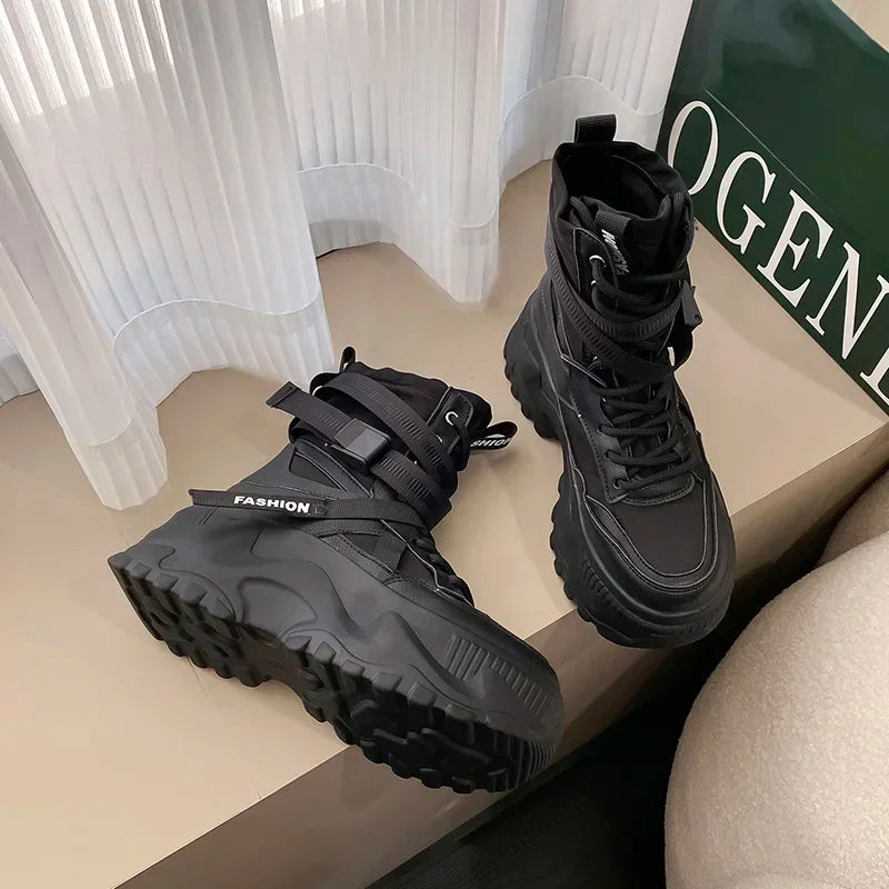 Fashion Platform Ankle Boots for Women Chunky Thick Sole Lace Up Motorcycle Boots Ladies Light Cozy Non-slip Shoe Botas De Mujer