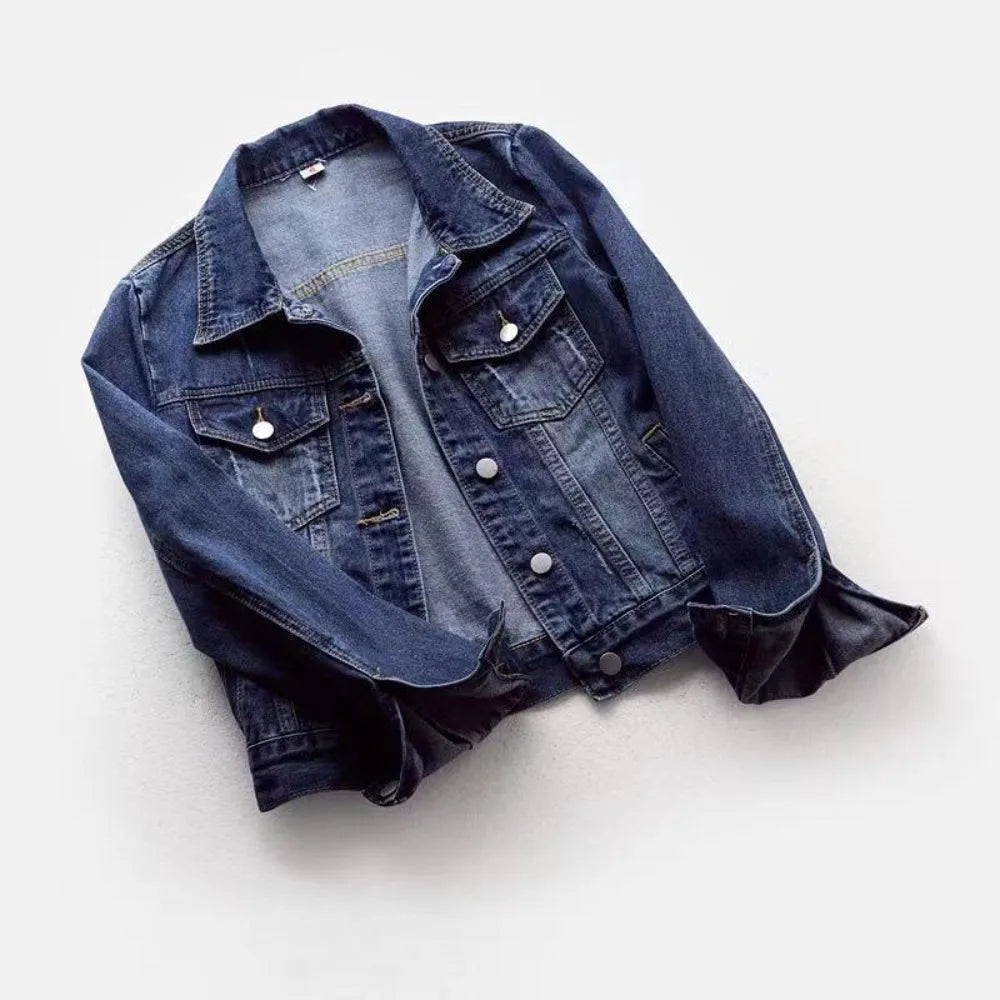 Women Spring Denim Jacket Short Slim Fit Washed Single Button Long Sleeve