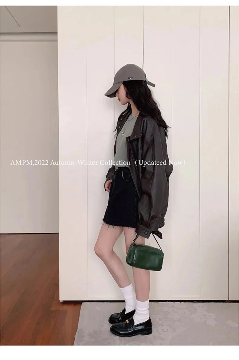 Lautaro Autumn Cool Brown Oversized Leather Jacket Women Drop Shoulder Long Sleeve Zippper High Quality American Retro Clothing