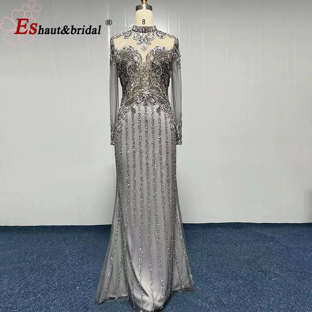 Elegant Muslim Wedding Evening Dress for Women 2026 Crystal High Neck Long Sleeves Mermaid Formal Prom Party Gowns Customized