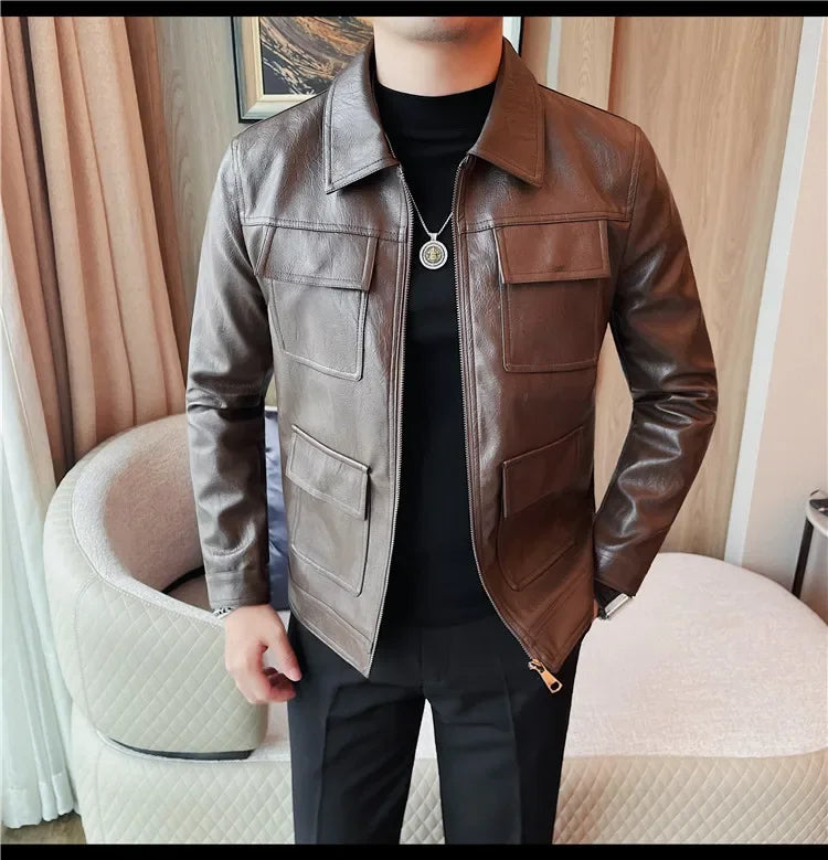 Autumn Winter High Quality Faux Leather Jacket Fashion Multi Pocket Design PU Leather Coats Man Vintage Business Slim Fit Coats