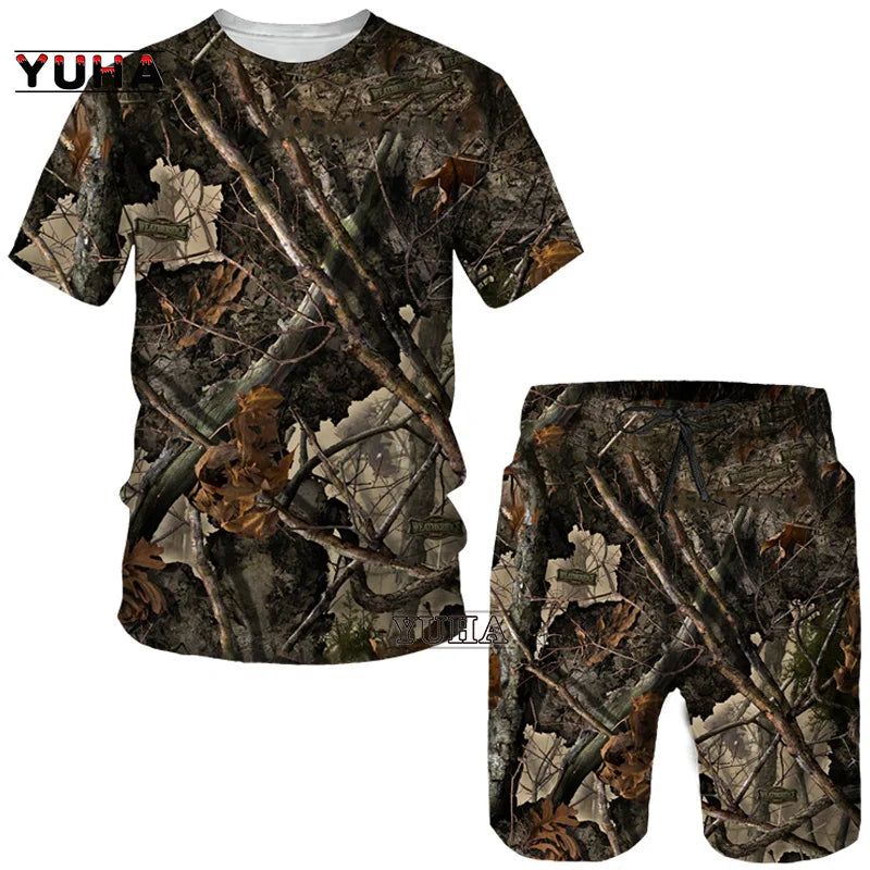 YUHA,Hunting  Summer Men's 3D Printed Camouflage Maple Leaves T-Shirt/Shorts/Suits Unisex Casual Outdoor Sportwear Short Sleeved