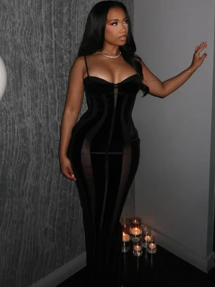 Women Black Velvet Sheer Maxi Dress Sexy Chic Mesh Patchwork Off-shoulder Waist Cinching Slim Maxi Dresses 2026 Club Party Gowns