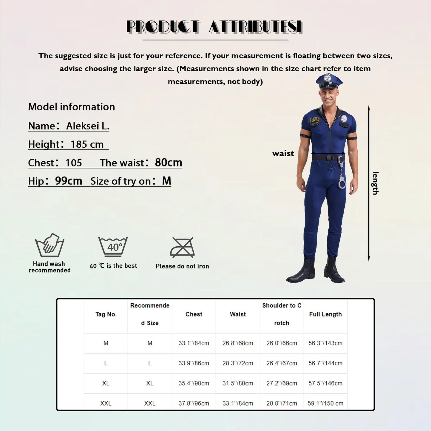 Mens Police Uniform Cosplay Outfits 7-Piece Dirty Cop Officer Costumes Front Zipper Role Play Jumpsuit Hat Belt Manacles Badge