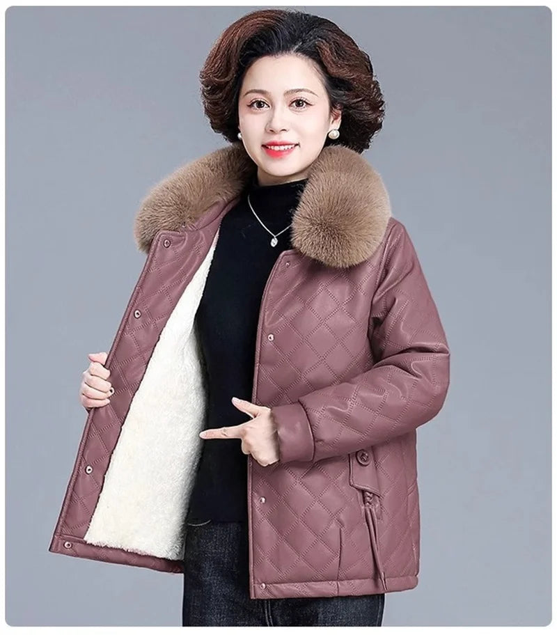 High End Middle Aged Women's Leather Jacket Winter New Thicken Warm Big Fur Collar Faux PU Leather Coat Female Outerwear 5XL