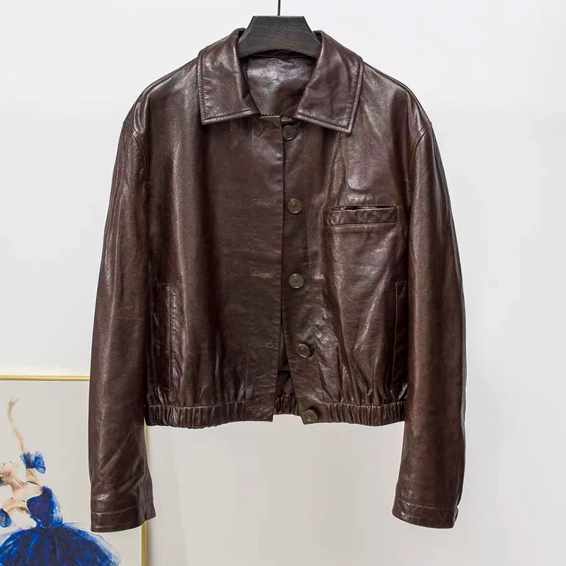 Advanced Oil Wax Leather Jacket for Women Autumn Winter Female 100% Lambskin Square Neck Elastic Waist  Loose Coat Vestes Femmes