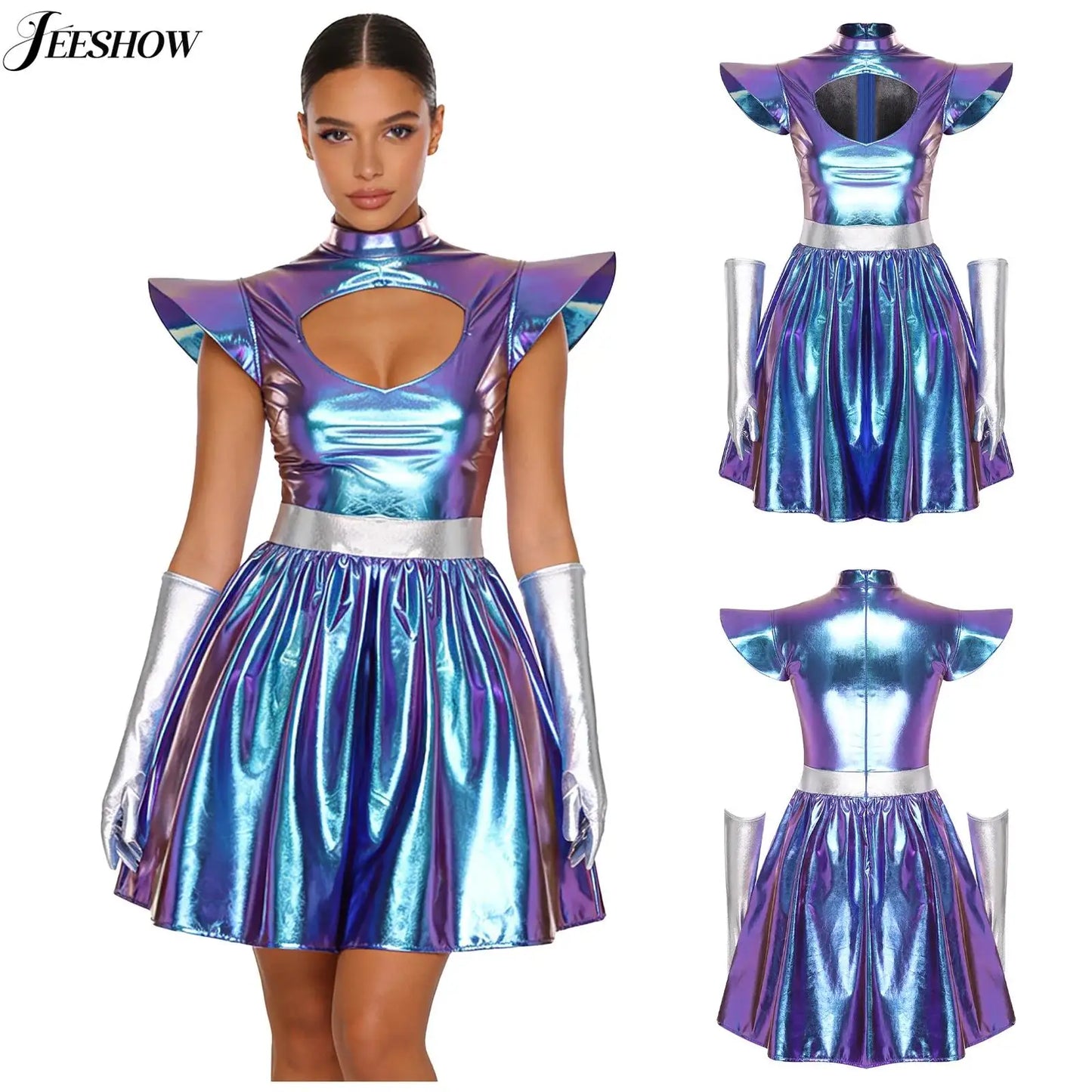 Womens Space Alien Costume Shiny Metallic High Waist A-line Dress with Gloves Astronaut Cosplay Outfits for Halloween Party