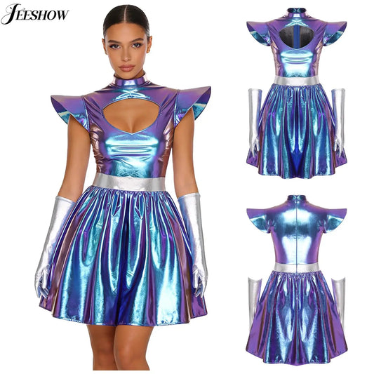 Womens Space Alien Costume Shiny Metallic High Waist A-line Dress with Gloves Astronaut Cosplay Outfits for Halloween Party
