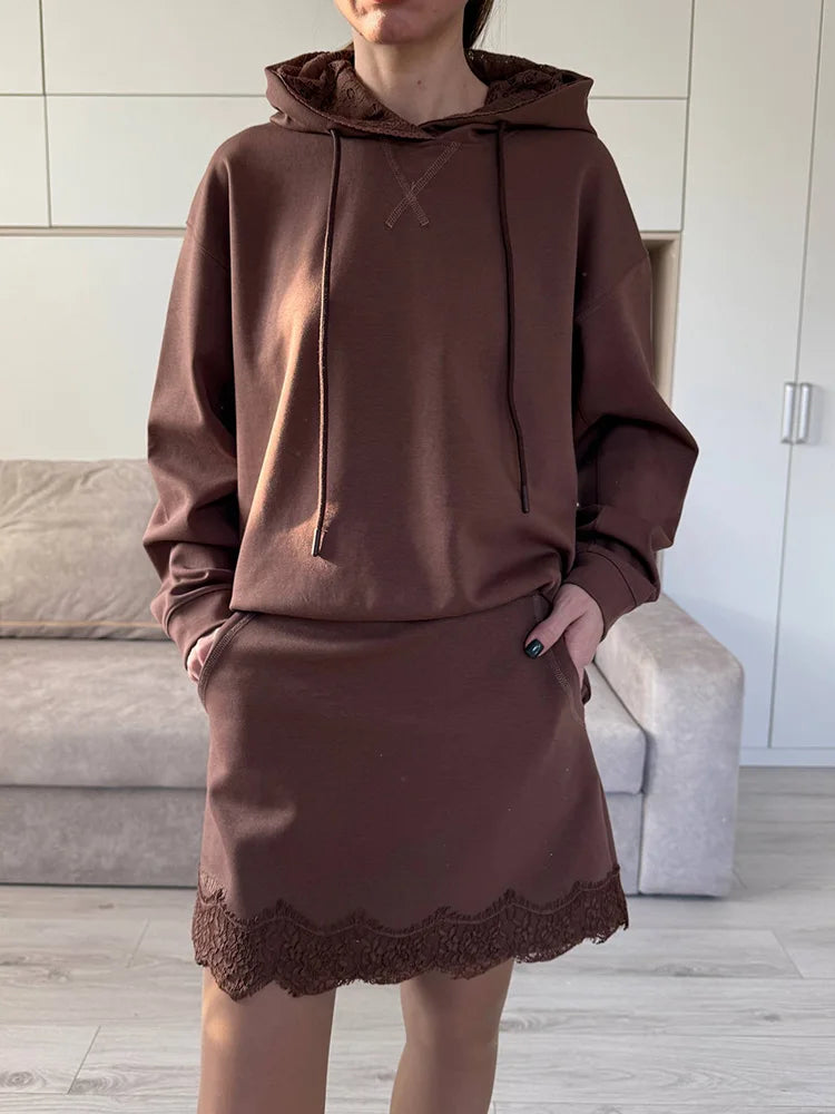 Streamgirl Brown Hoodies With Lace Women Oversize Plain Spring Elegant Butter Yellow Hooded Sweatshirts For Women Oversized