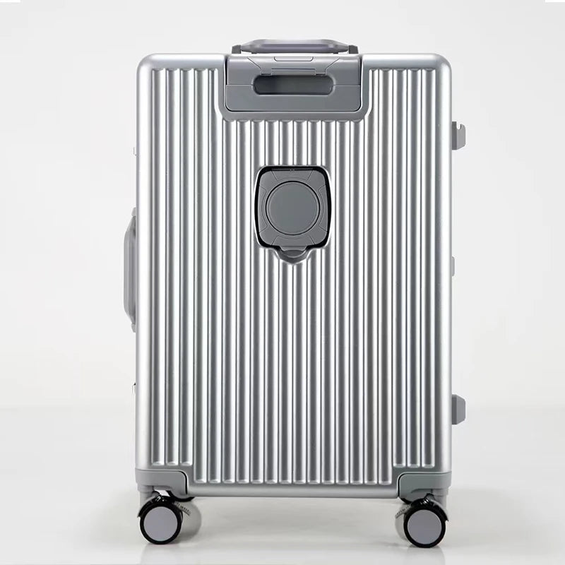 New 20'' Boarding Box Front Opening Suitcase Aluminium Frame 24/27 inch Rolling Luggage with Cup Holder Mobile Phone Holder