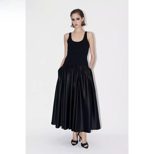 Winter New Wide oulder Strap Loose Vest Skirt Bla Splicing Dr Commute round Ne Single Piece Autumn Long Sve Asymm...