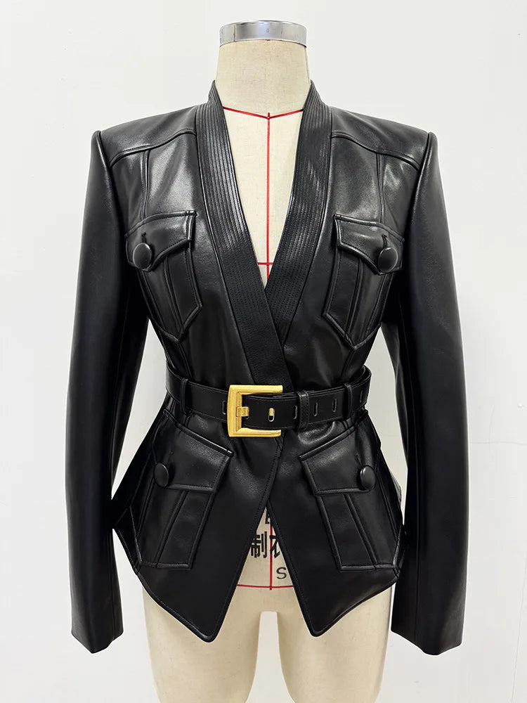 2026 new luxury and fashionable women's clothing belt slim fit leather jacket with multiple pockets motorcycle fashion jacket