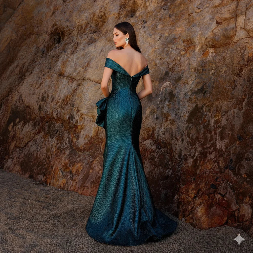 Metal Green Mermaid Evening Gown With Off Shoulder Pleats For Formal Occasions Elegant Ball Gown Vestdos De Fiesta Customized
