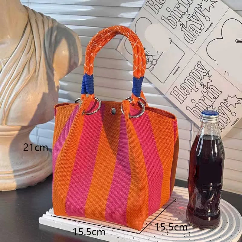 Colorful Stripe Handbag Large Capacity Bucket Rope Knot Spring Autumn Travel Versatile Soft Polyester Lining Mobile Phone Bag