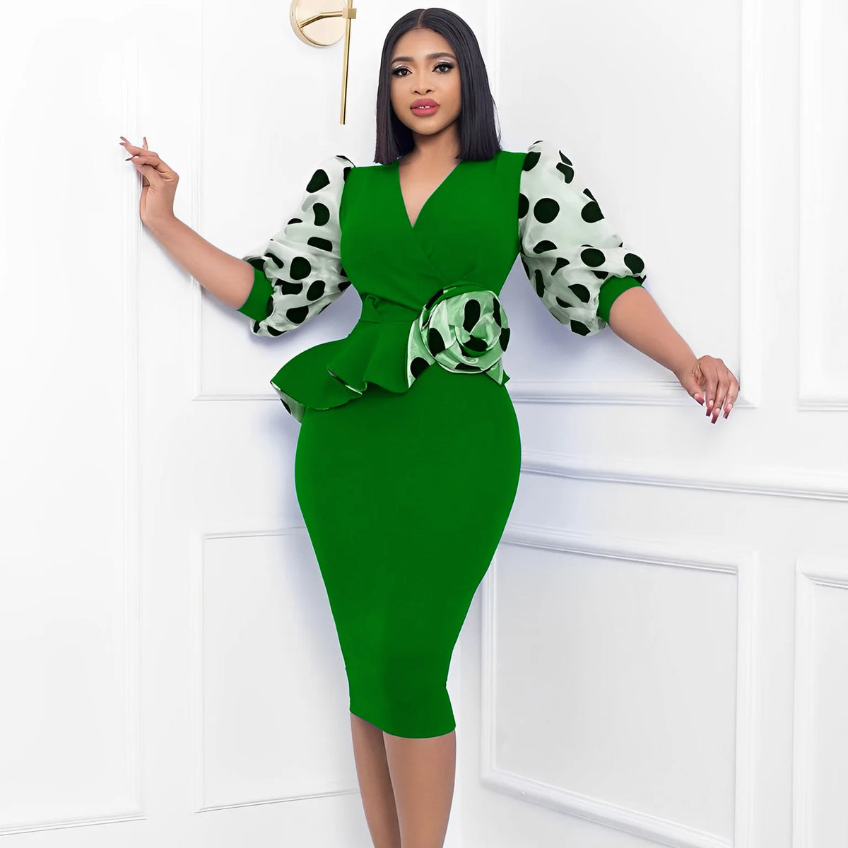 Elegant Dot Mesh Stitching V-neck Puff Sleeve Floral Appliques Bodycon Dress Women Ruffles Waist OL Even Party Dresses Vestidos