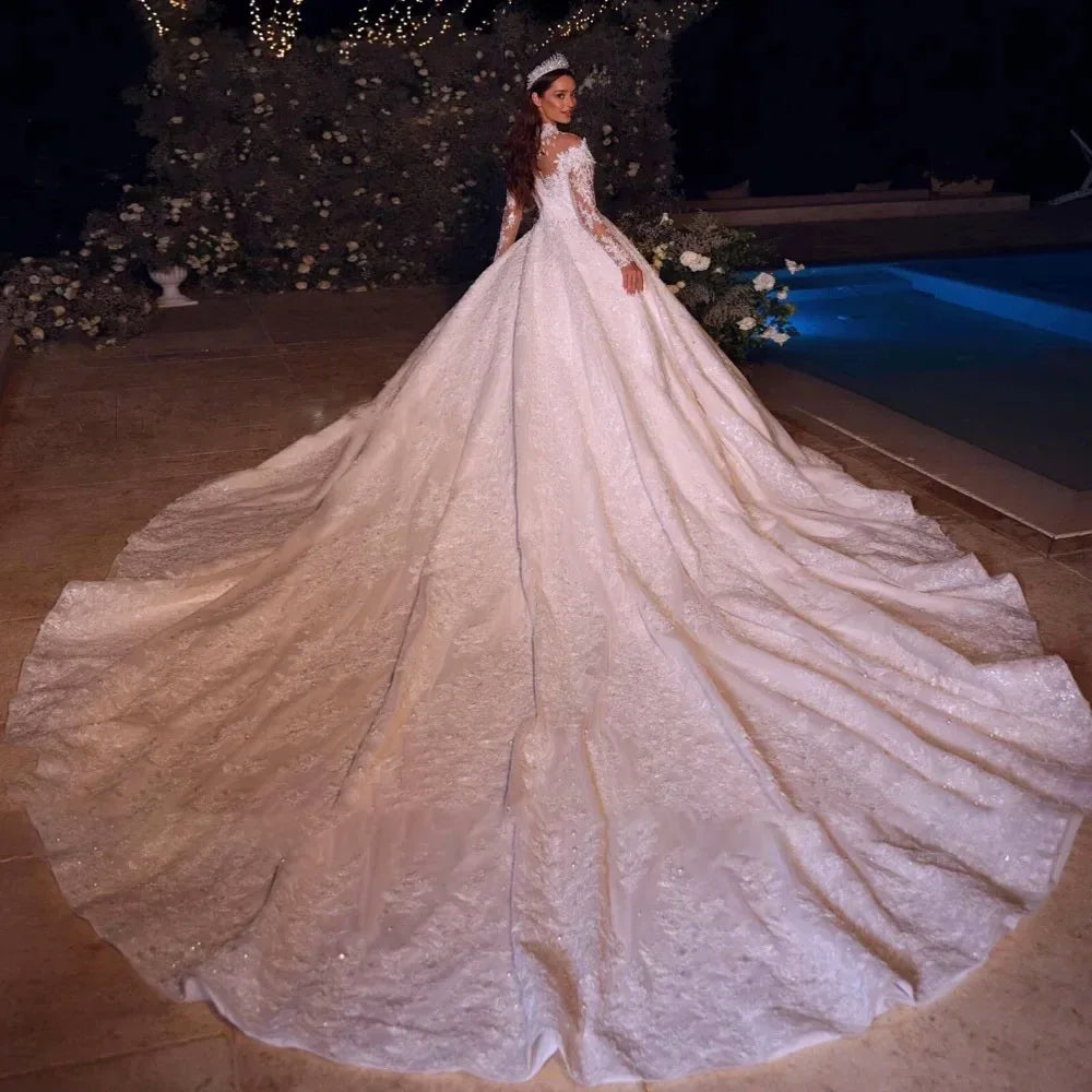 Firstwhite Luxury Ball Gown Wedding Dress Full Sleeves High Collar Pearls Appliques Bridal Dress Vestido De Noiva Customized