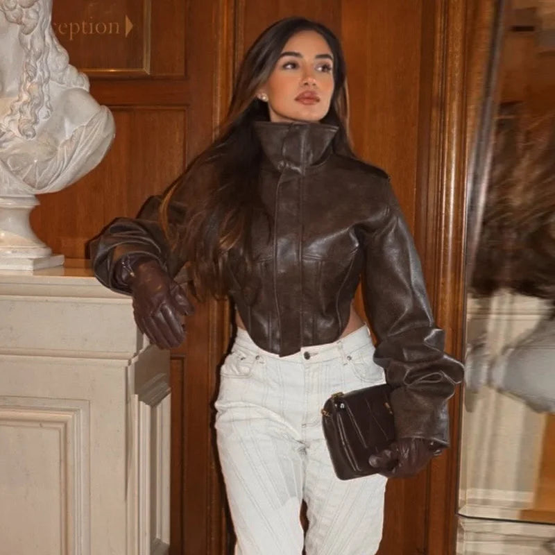 Street Women's Cropped Leather Jacket Slim Stand Collar Long Sleeve Zipper Irregular Hem Coat 2026 Autumn Lady Chic Otwear