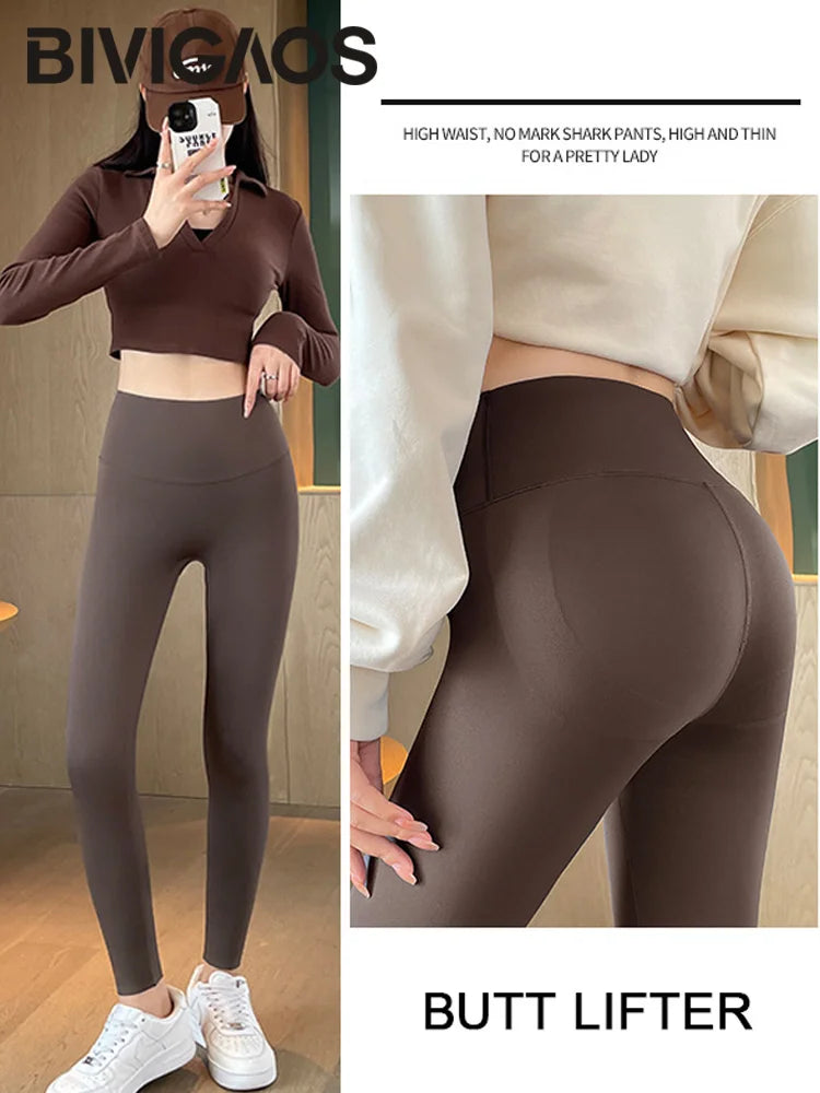 BIVIGAOS Seamless Basic Shark Leggings Women's Fall Winter Thin Fleece Sports Leggings Elastic Warm Fitness Yoga Leggings