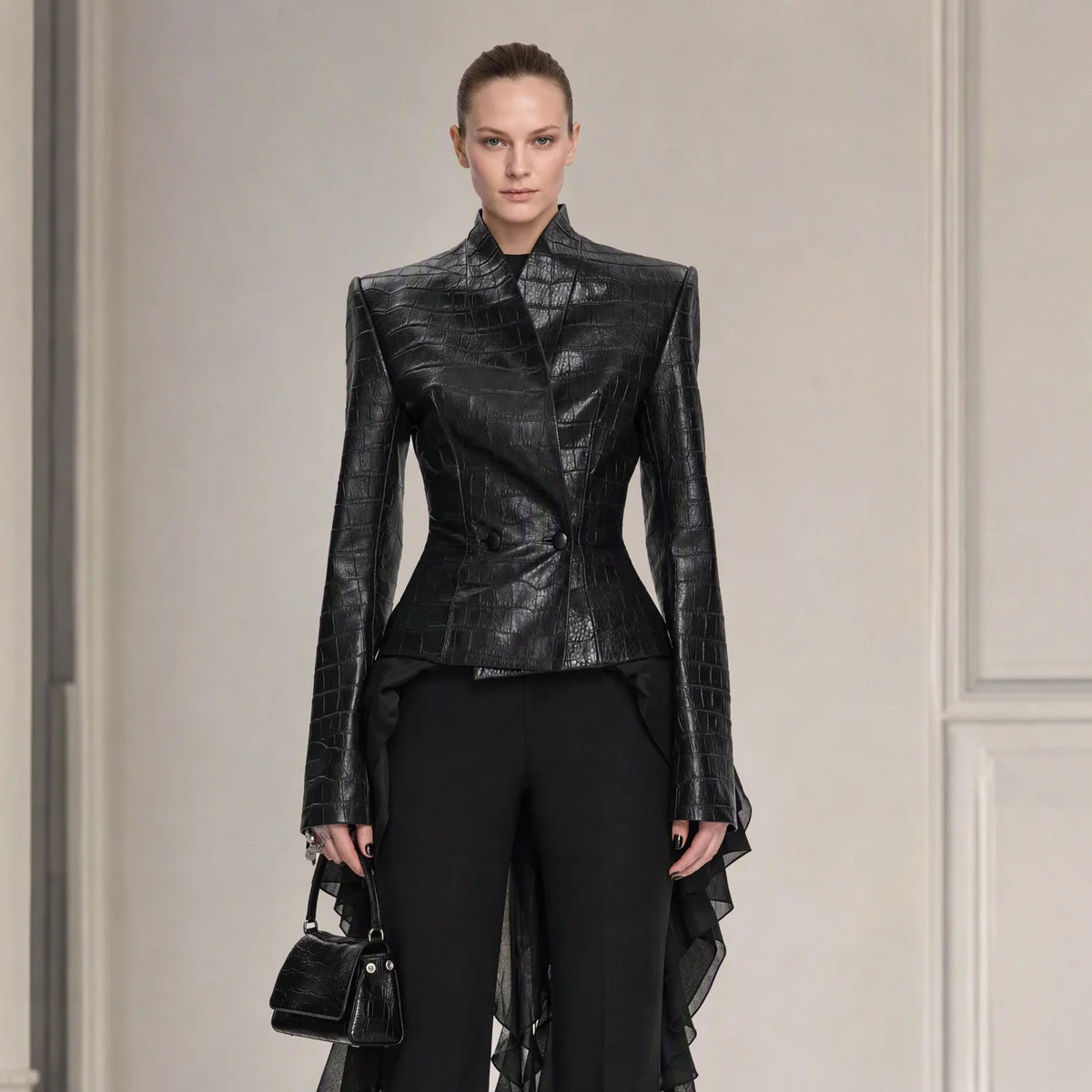 TOKO 2026 New Women V Neck Embossed Faux Leather Jacket Double Button Fitted Waist Long Sleeve Solid Black Slim Short