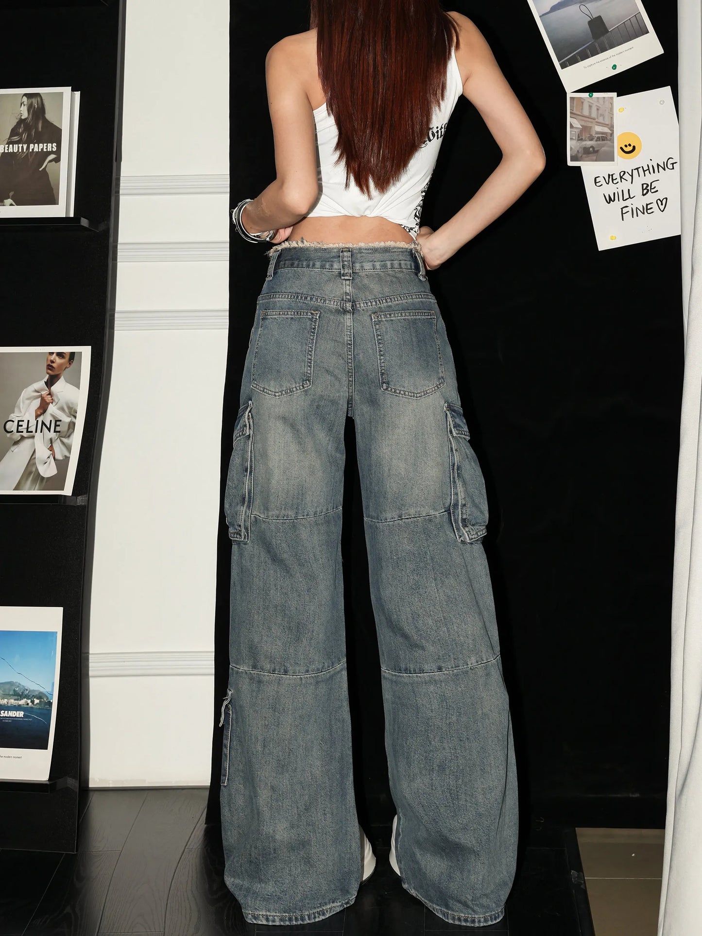 American Retro High Waist Workwear Jeans Women's Autumn New Design Frayed Waist Head Wide Leg Pants Casual Style Button Craft