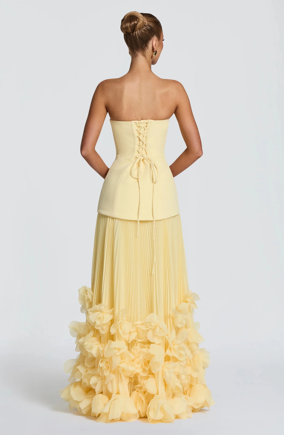 Sexy Lemon Strapless Corset Maxi Gown Sleeveless Corset Pleated Chiffon 3d Floral Hem Flowy Skirt Formal Evening Party Wear
