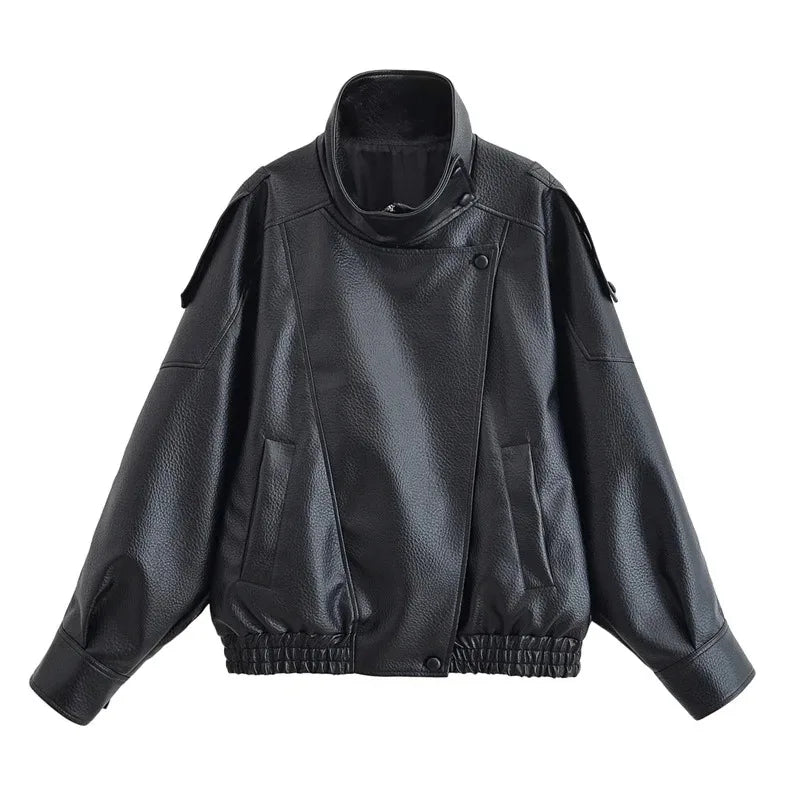 Women's 2026 Autumn New Classic Commuter Style Black Long Sleeve Pebble Faux Leather Motorcycle Fashion Jacket