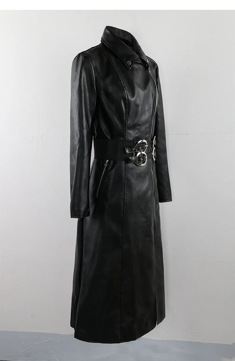 Nerazzurri Spring Autumn Long Black Stretchy Velvet Patchwork Pu Leather Coat Women with Double Belt Luxury Designer Clothes
