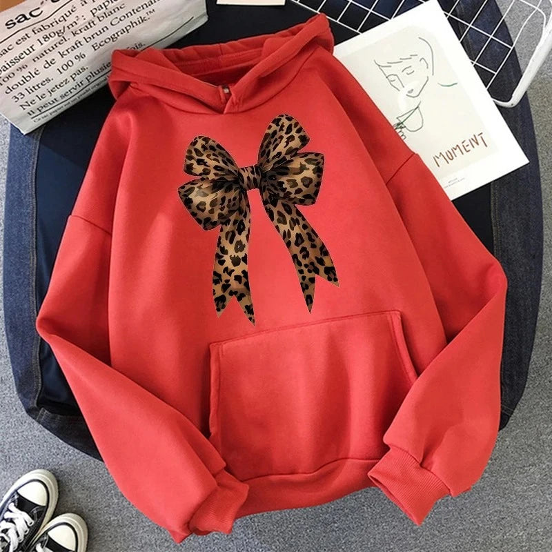 Bow Heart Love Leopard Print Hoodies Long Sleeve Funny Sweatshirts Streetwear Women's Casual Graphic Hooded Pullovers Clothes
