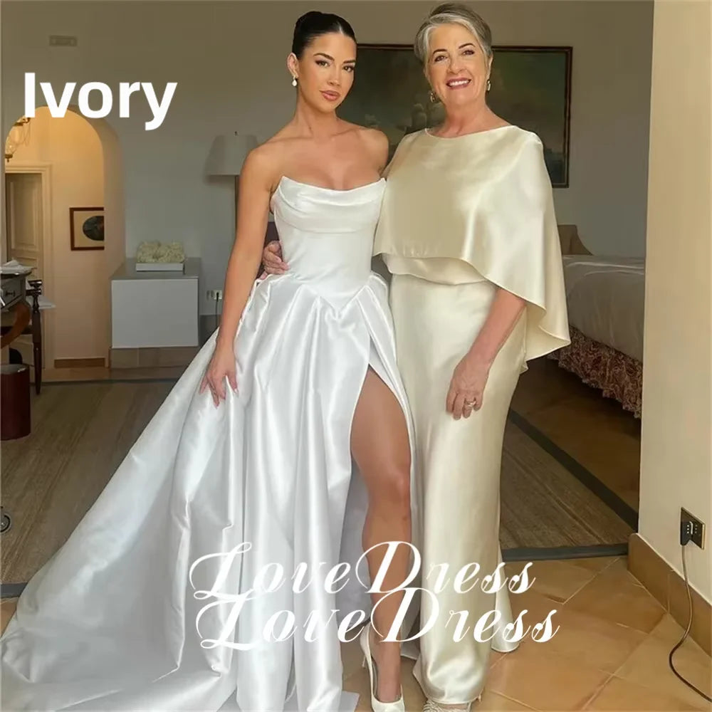 Customized Simple Stain Strapless Pleats A-Line High Side Slit Wedding Dress Pastoral Sleeveless Boat Neck Backless Lace Up 2026