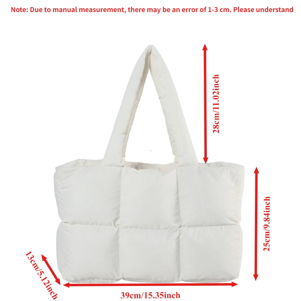 Women Tote Handbags Quilted Plaid Bag Retro Trendy Checkered Waterproof Shoulder Bag Solid Color Winter Soft Large Capacity Bags