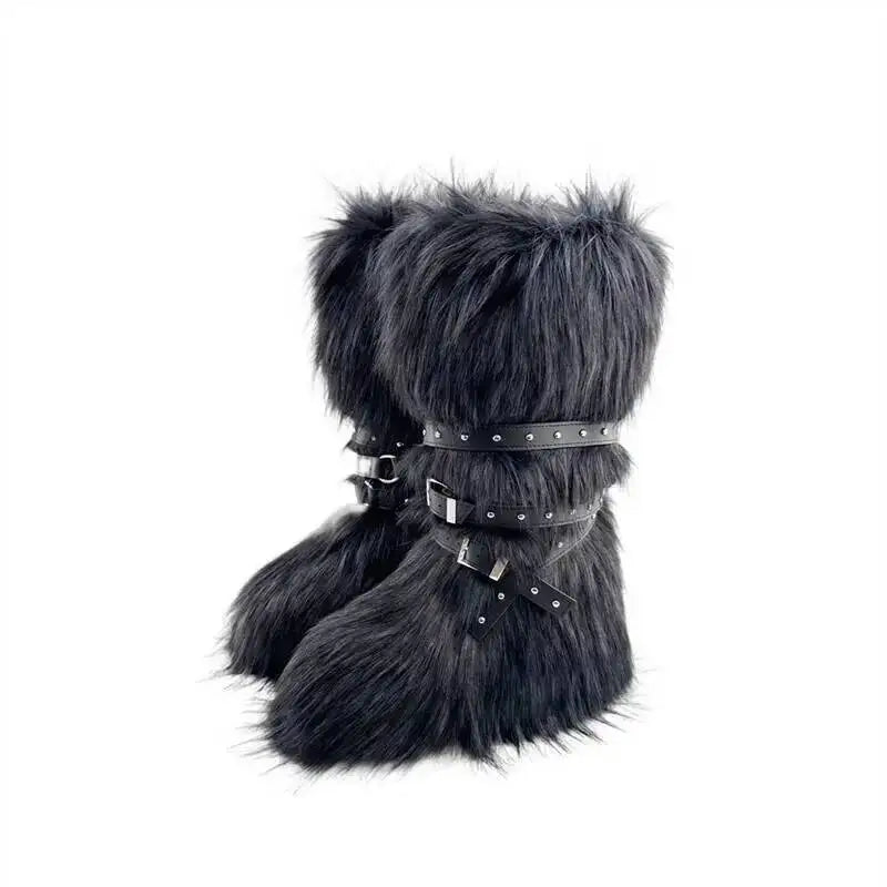 2025 Winter Subculture High Top Furry Boots For Women Snow Boots Niche Lined Thick Soled Long Tube Snow Boots