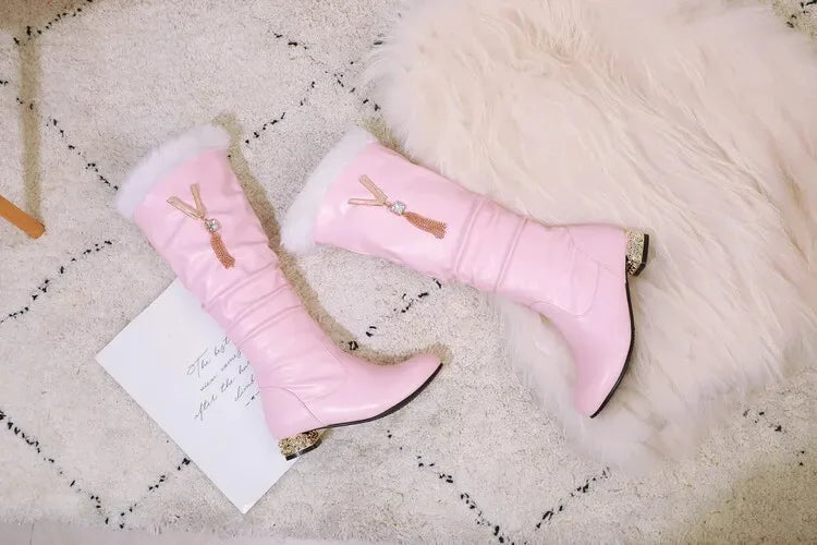 Winter Warm Knee High Boots Women Platform Wedges High Heels Snow Boots Slip on Winter Ladies Shoes White Black Pink 2025