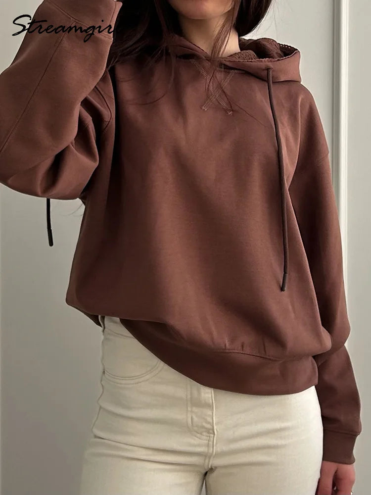 Streamgirl Brown Hoodies With Lace Women Oversize Plain Spring Elegant Butter Yellow Hooded Sweatshirts For Women Oversized