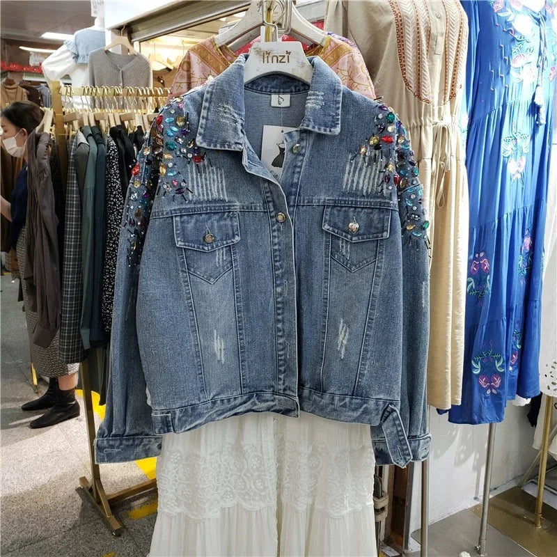 European and American style heavy industry embroidery splicing denim jacket 2025 new print loose casual denim women's jacket top