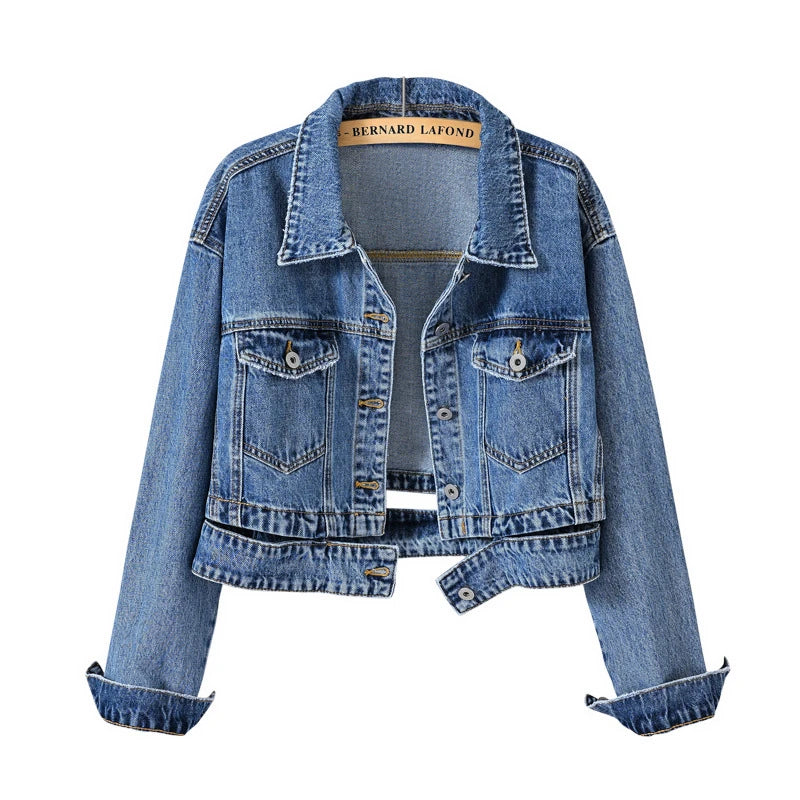 2026 Women's Blue Shorts Denim Jacket, Fashion Casual Coat Black Lapel Single-breasted Long-sleeved Female Overcoat S-XXXL