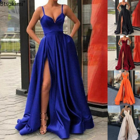 2026 Women's Wedding Party Evening Dresses Solid Elegant Side Slit A-Line Satin Sleeveless Straps Maxi Dress Sexy Banquet Gown