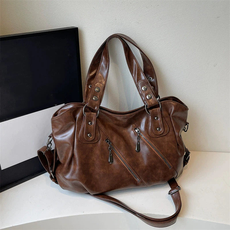Retro Brand Roomy Shoulder Bag Female Luxury Solid Color Classic Crossbody Bag Large Capacity Style Soft PU Leather Tote Bag
