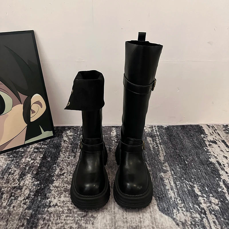 Winter Vintage Platform Thick Sole Woman Knight High Boots Concise Belt Buckle Front zipper Shoes Ladies Slim Modern Long Botas