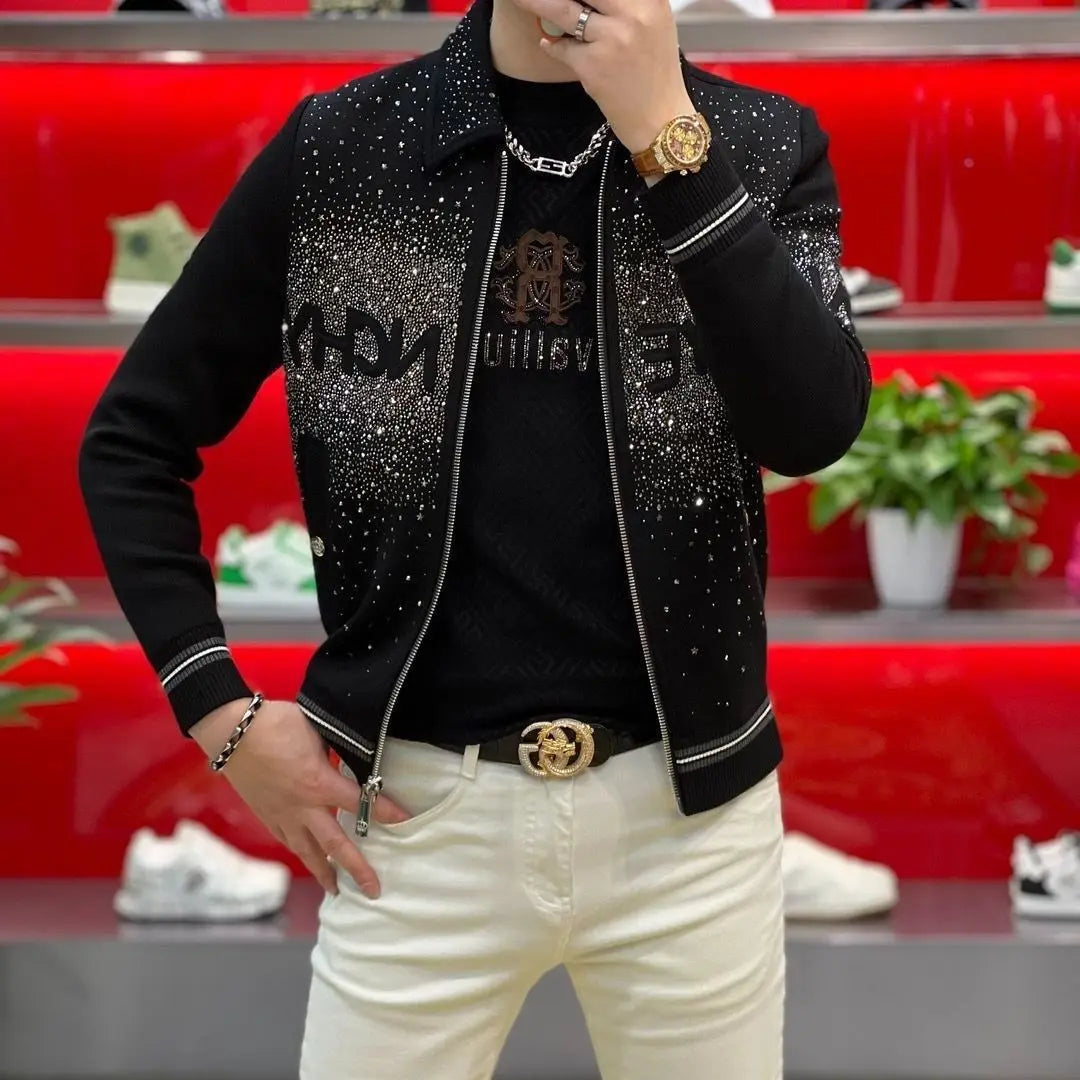 Men's Black Rhinestone Denim Jacket Luxury Sparkly Zip Up Slim Fit Casual Streetwear Coat