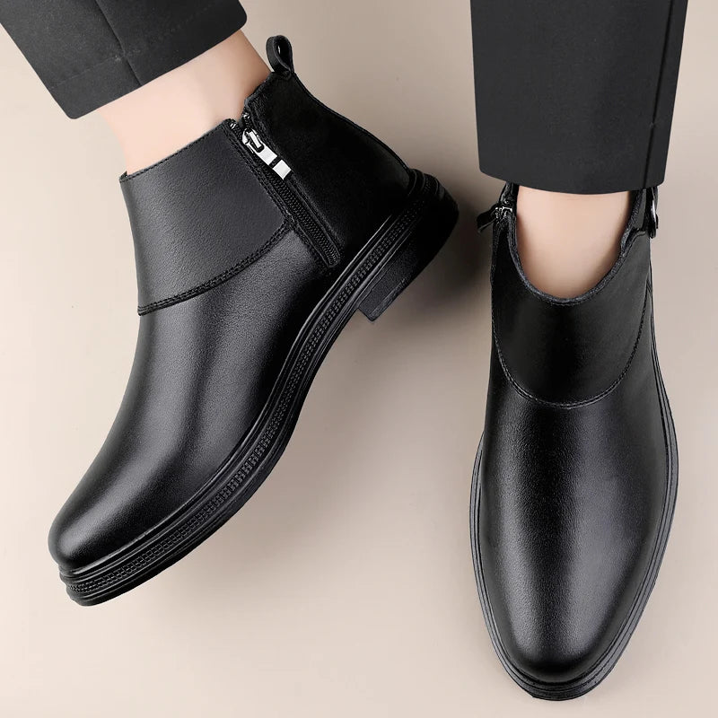 Winter New Fashion Cotton Shoes Men's Plush Genuine Leather Casual Snow Boots Slip on Male Business Footwear Comfy Ankle Boots