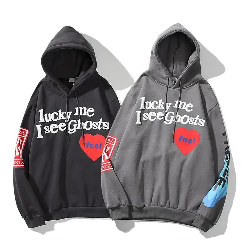 Harajuku Weirdo Graffiti Letter Printed Hoodies Men 2025 Lucky Me I See Ghosts Mens Hooded Sweatshirt Fleece Pullover Streetwear