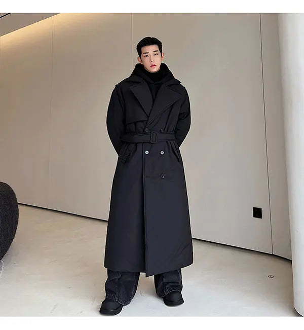 Winter Thickened Long Down Jacket Man's Belt Design Korean Warm Over The Knee Fashionable Long Sleeve Solid Color Cotton Coats