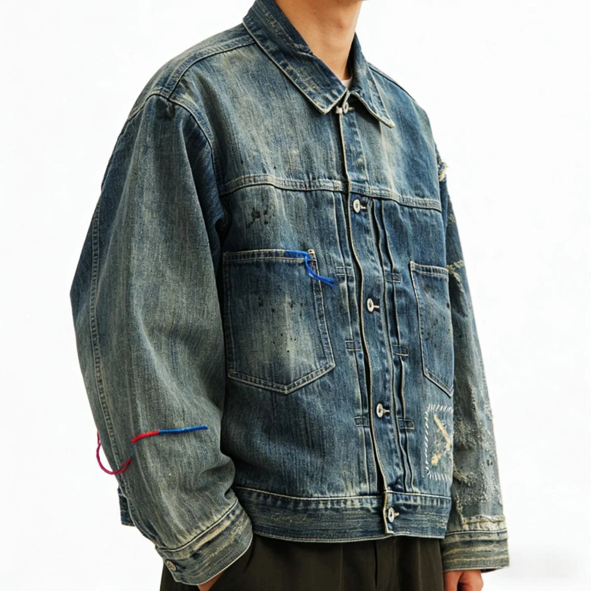 Vintage Washed Denim Jacket Loose Fit Short CleanFit Men's Jeans Coat Casual Style Button Closure Long Sleeve Cotton Jacket