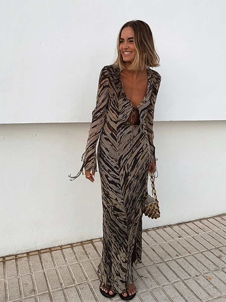 Casual Tiger Stripe Lace Up Women Dress Hollow Out V-neck Side Split Female Maxi Dresses 2024 Spring Autumn New Chic Lady Robe