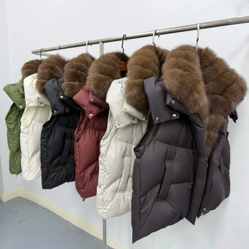 Winter new women's large furCollar thickened warm white gooseDown coat y2k high-quality fashionable detachable sleeveDown jacket