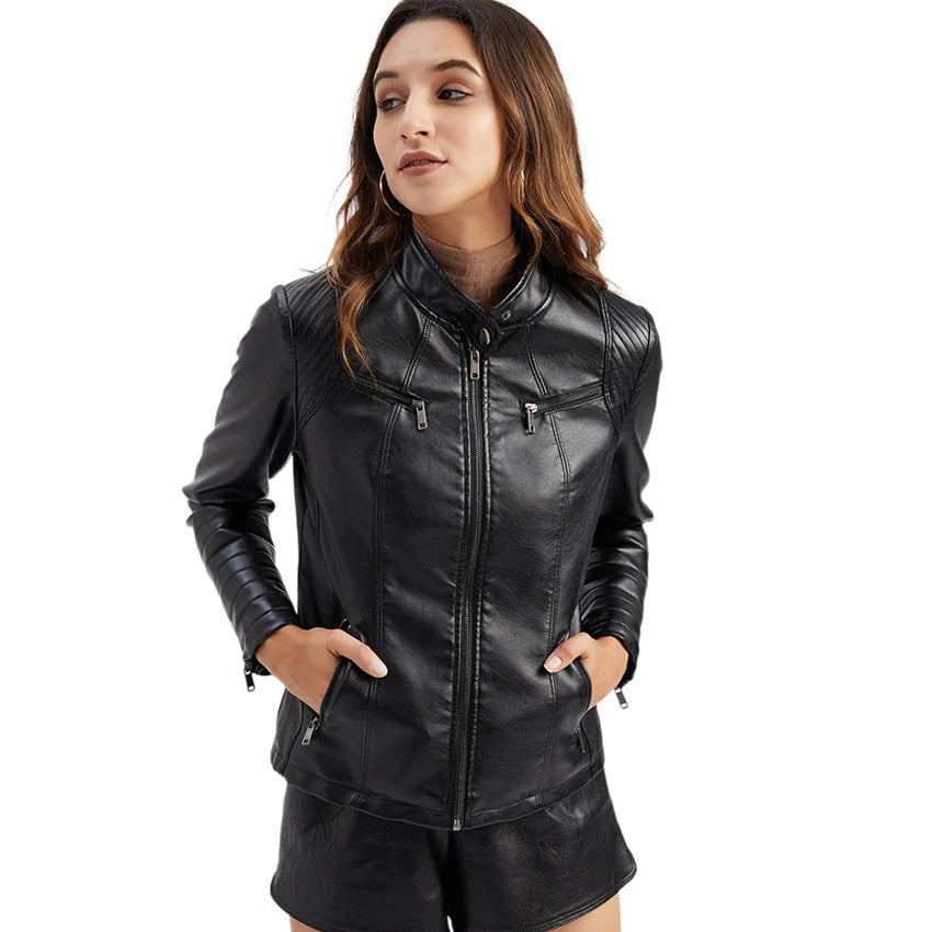 2026 Women's Bright Red V-neck Leather Jacket, Fashion Slim PU Coat, Black Short Outerwear Asia Size XS S M L XL XXL