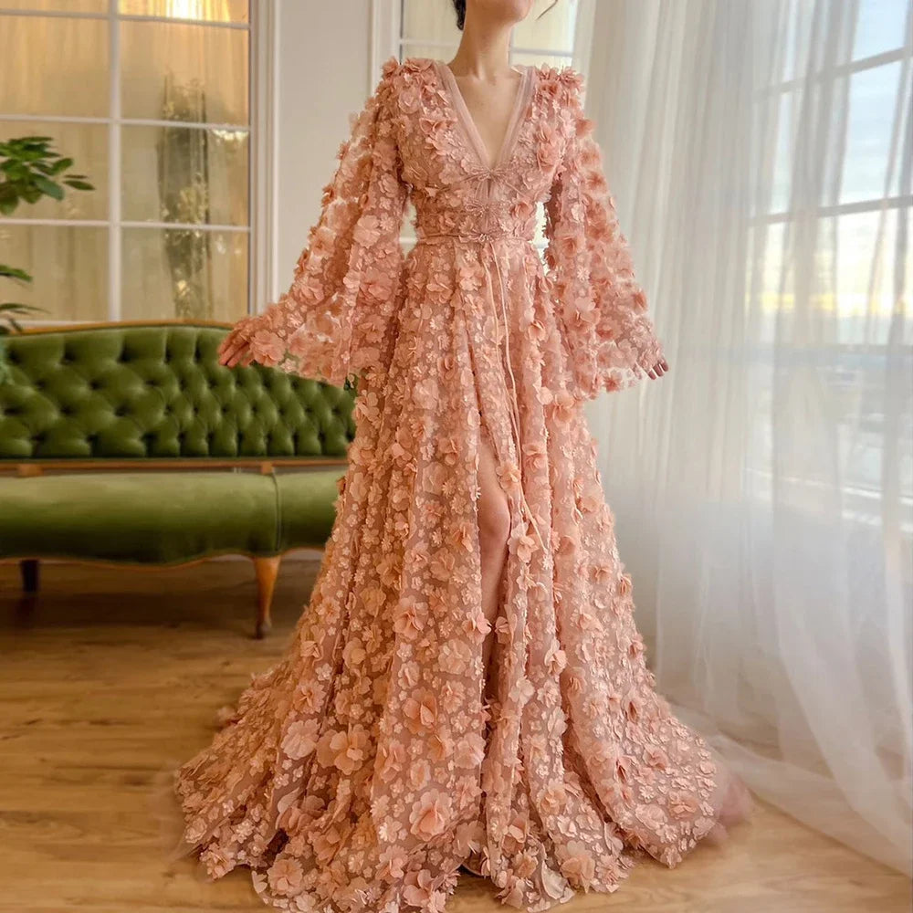Luxury Arabic Peach-Pink 3D Flowers Long Sleeves Evening Dresses for Formal Occasion Wasisi ELA72960 Customized