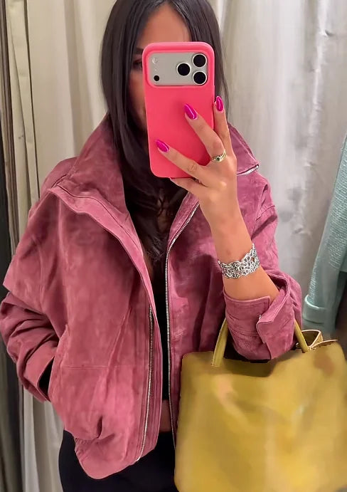 Women Stand Collar Leather Pilot Jacket Red Zipper Cropped Coat Fashion Casual Fashion Outerwear 2026 New Arrival Streetwear