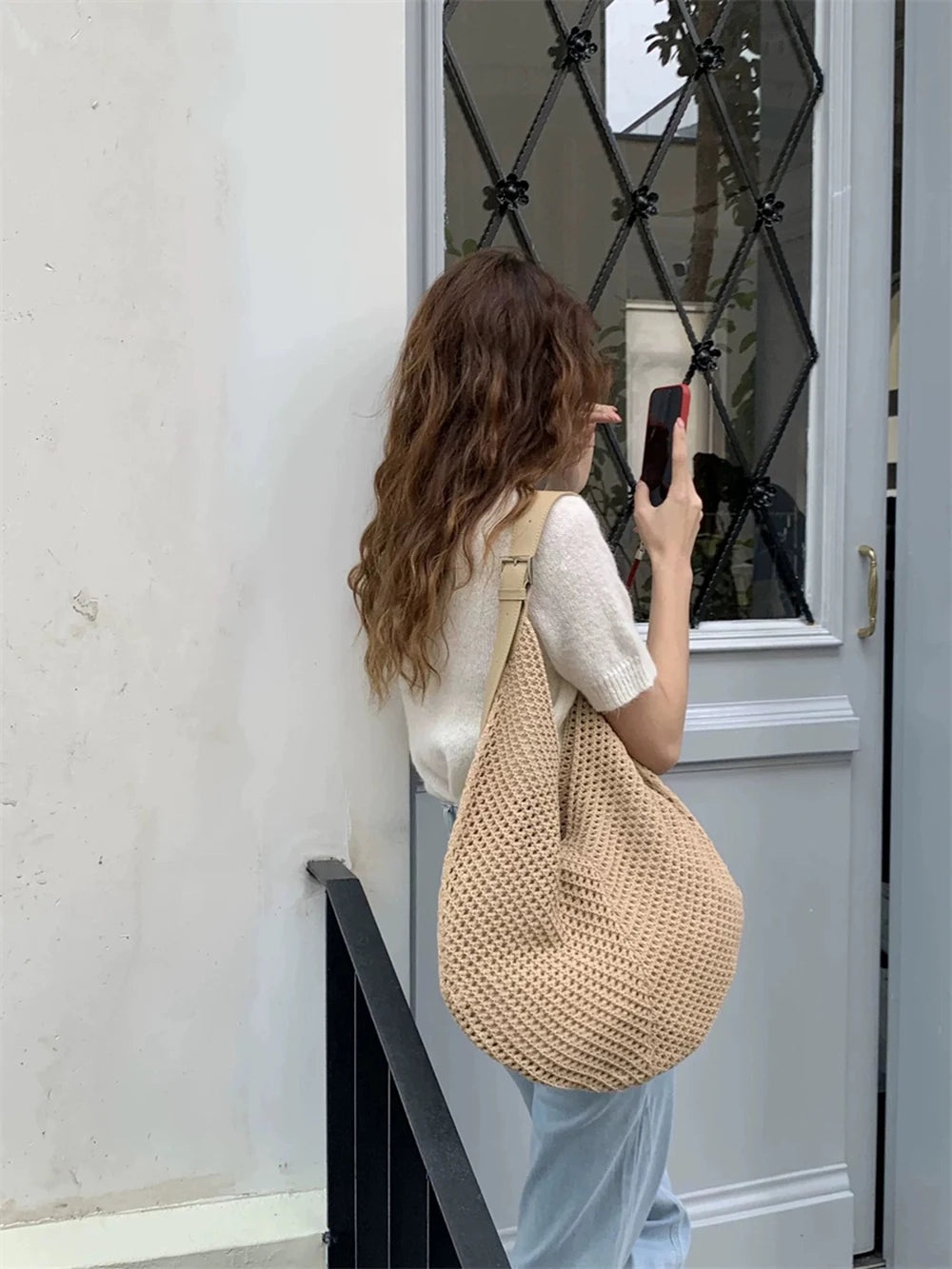 Lattice Large Capacity Woven Bag 2025 Spring Summer New Women's Beach Vacation Single Shoulder Simple Versatile Casual Tote Bags