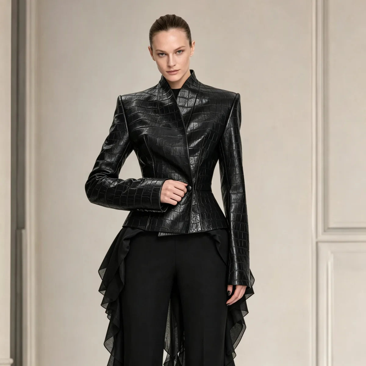 TOKO 2026 New Women V Neck Embossed Faux Leather Jacket Double Button Fitted Waist Long Sleeve Solid Black Slim Short